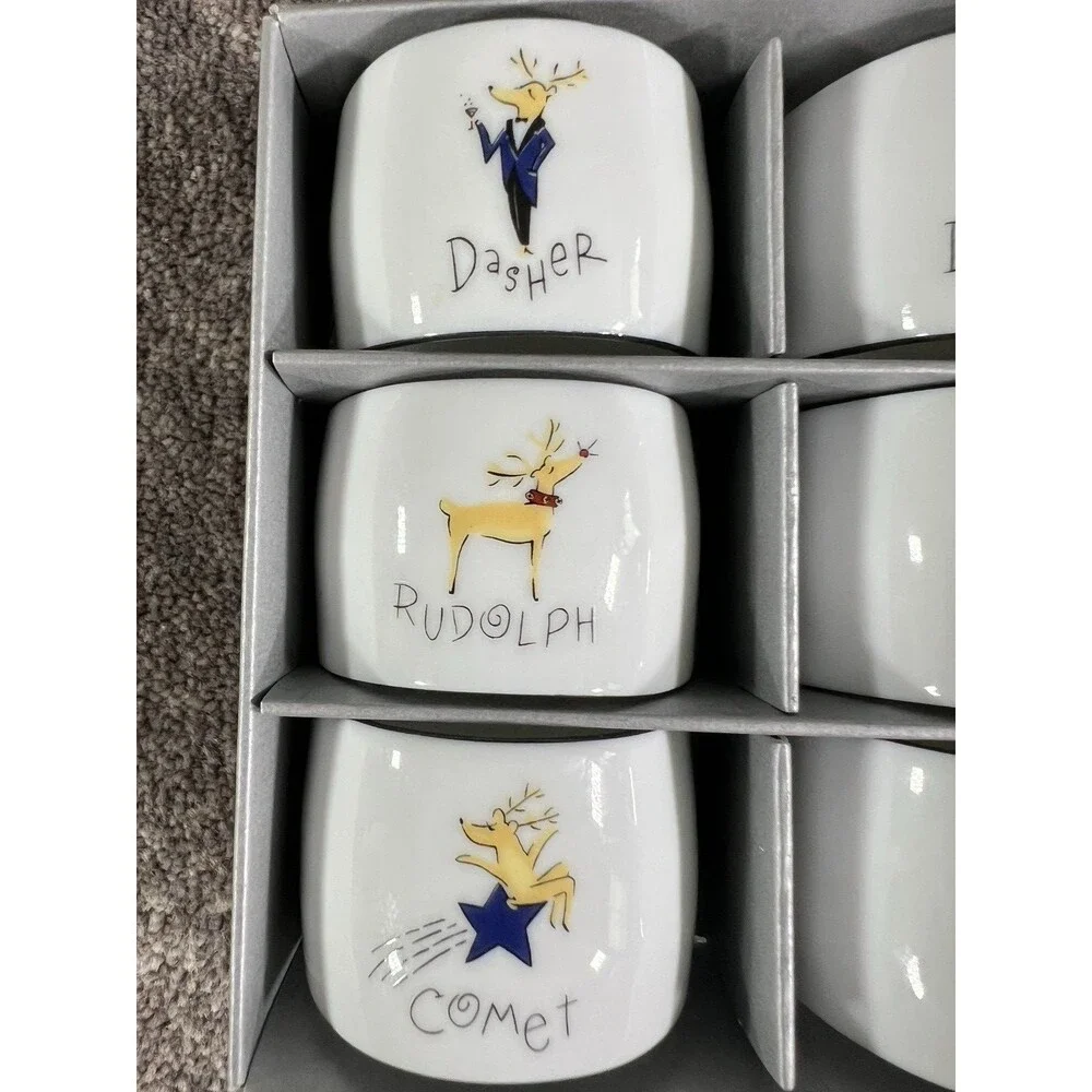 Pottery Barn White Porcelain Reindeer Christmas Napkin Rings Set of 9